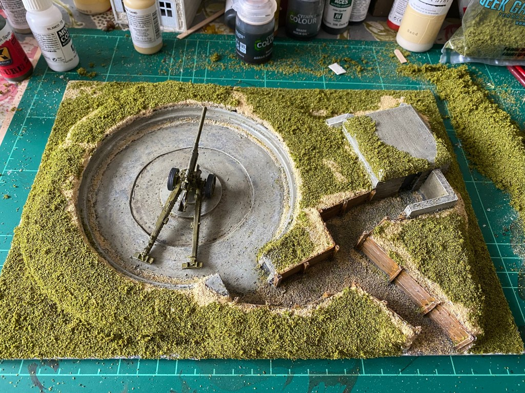 Scratch built wargaming model of Riva Bella 15.5cm gun battery 